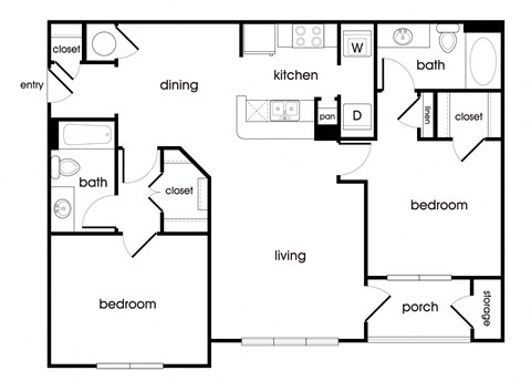Two bedroom two bathroom B1 floor plan image at Lakeside Vista
